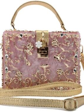 Elegant Pink Floral-Embellished Box Bag with Gold Accents